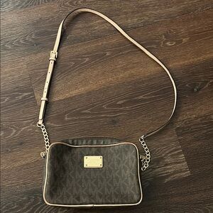 Michael Kors Brown Logo Crossbody with Tan Trim and Gold Hardware